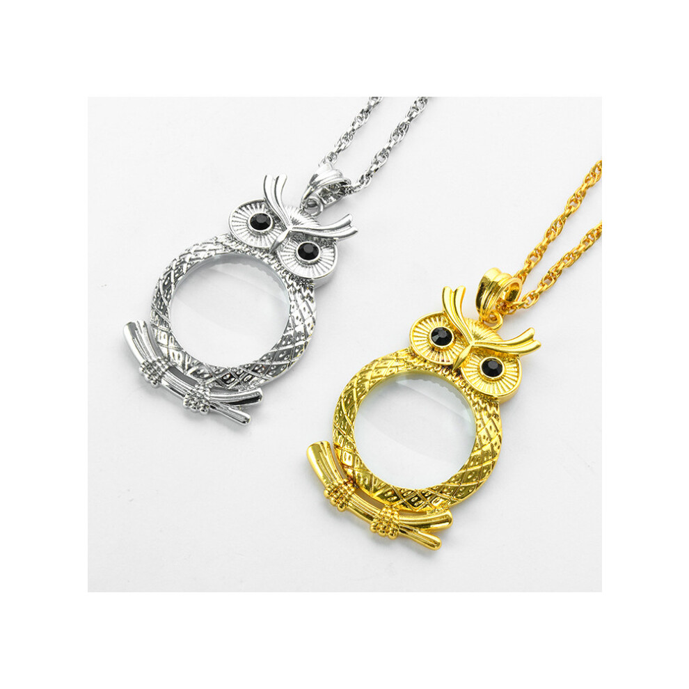 (Silver, Owl) Magnifying glass metal jumper chain pendant necklace 6x reading to see small print