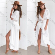 (L,   White) Womens Beach Bikini Cover up Long Kaftan dress Summer Boho Maxi Dress
