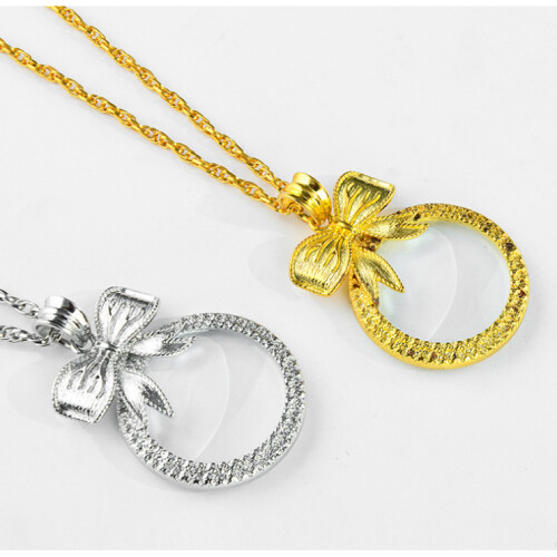 (Silver, Butterfly) Magnifying glass metal jumper chain pendant necklace 6x reading to see small print