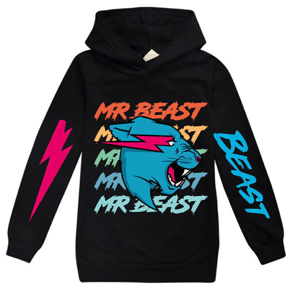 (11-12 Years, ) Kids Boys Girls Mr Beast Lightning Cat Casual Hoodie Hooded Jumper Tops Youtuber Gamer Gift Pullover Black