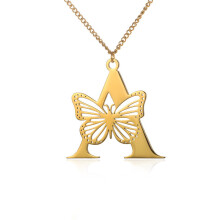 Stainless Steel 26 Letter Hollow Butterfly Necklace Personality Initial Pendant Collar Chain Women Jewelry