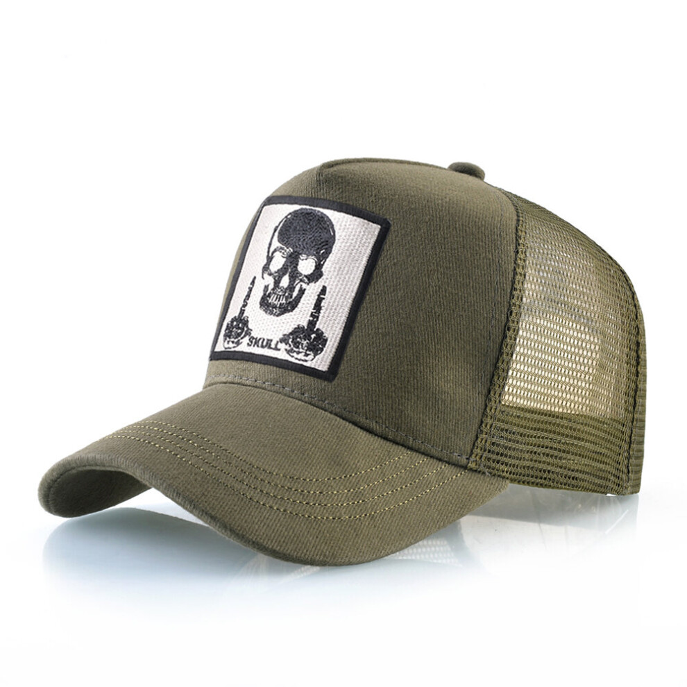 (Green) Baseball Cap With Embroidery Skull Patch Snapback Hip Hop Trucker Cap Breathable Visor Bone Hats