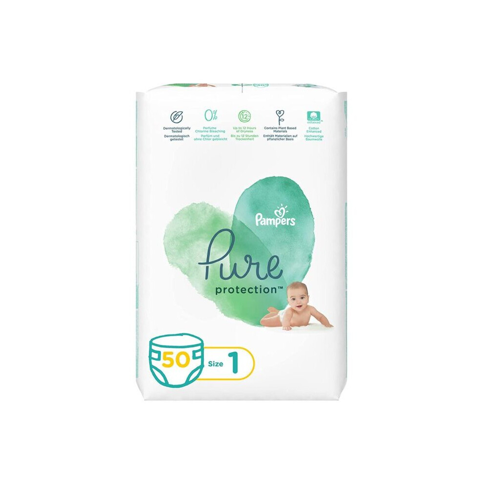 Pampers Pure Protection Dermatologically Tested Perfume Free Diapers, Size 1, For 2-5 Kg Baby, Pack of 50's
