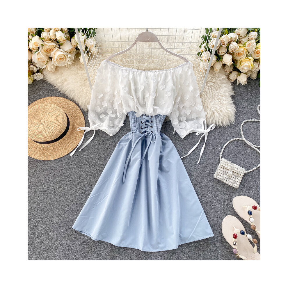 Sexy Off Shoulder patchwork Summer Short Dress Party flower chiffon Slim waist lace up Women casual A-Line beach dress-image-OPC-PBQC885-NEW