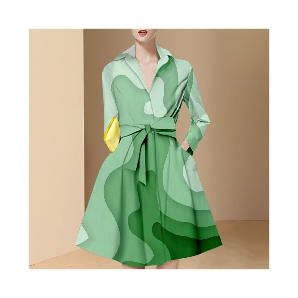 Spring Summer Women Long Sleeve Turn-Down Collar Floral-Print Belted Slim Vacation A Line Party Dresses-image-OPC-PBQCQ6J-NEW