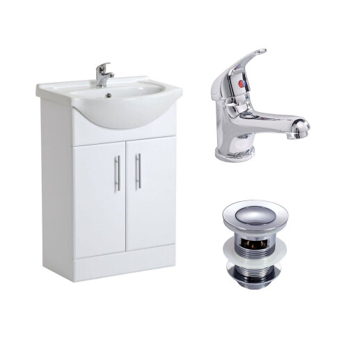 NES Home 550MM MODERN WHITE BATHROOM BASIN FLAT PACK VANITY UNIT BASIN MONO + WASTE