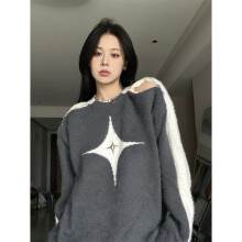 Contrast Star Off-Shoulder Sweater American Lazy One Shoulder Knit Sweater Girl Loose Pullover Long Sleeve Top