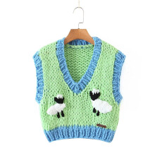 Girls Y2K Green Patchwork Knitted Short Vest Spring V Neck Cropped Knitwear Female Crochet Vests
