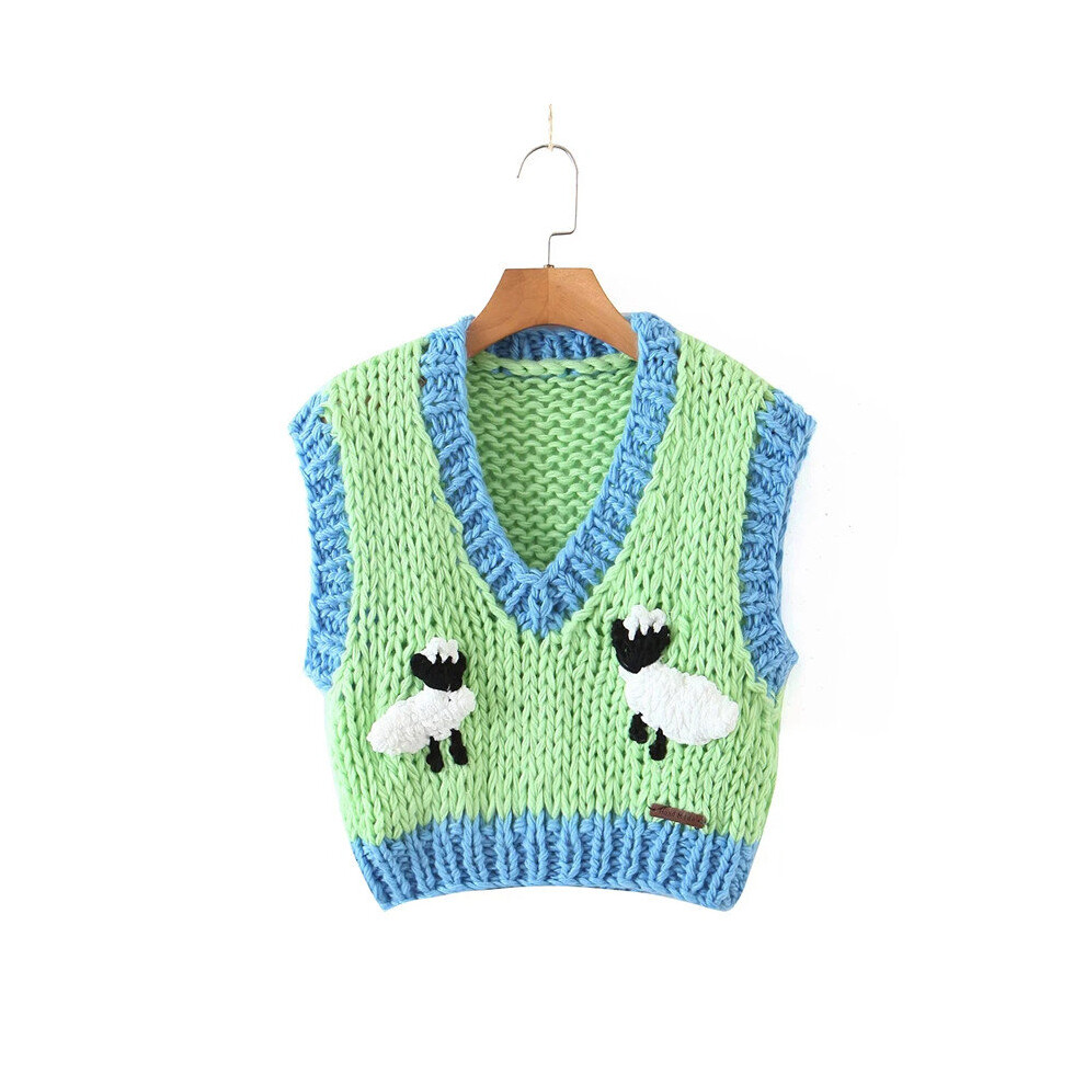 Girls Y2K Green Patchwork Knitted Short Vest Spring V Neck Cropped Knitwear Female Crochet Vests-image-OPC-PBQJHCG-NEW