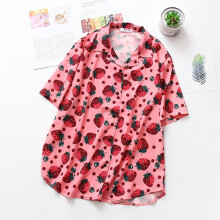 Women Strawberry Print Blouse Turn-down Collar Casual Shirt Short Sleeve Loose Blouse Beach Wear