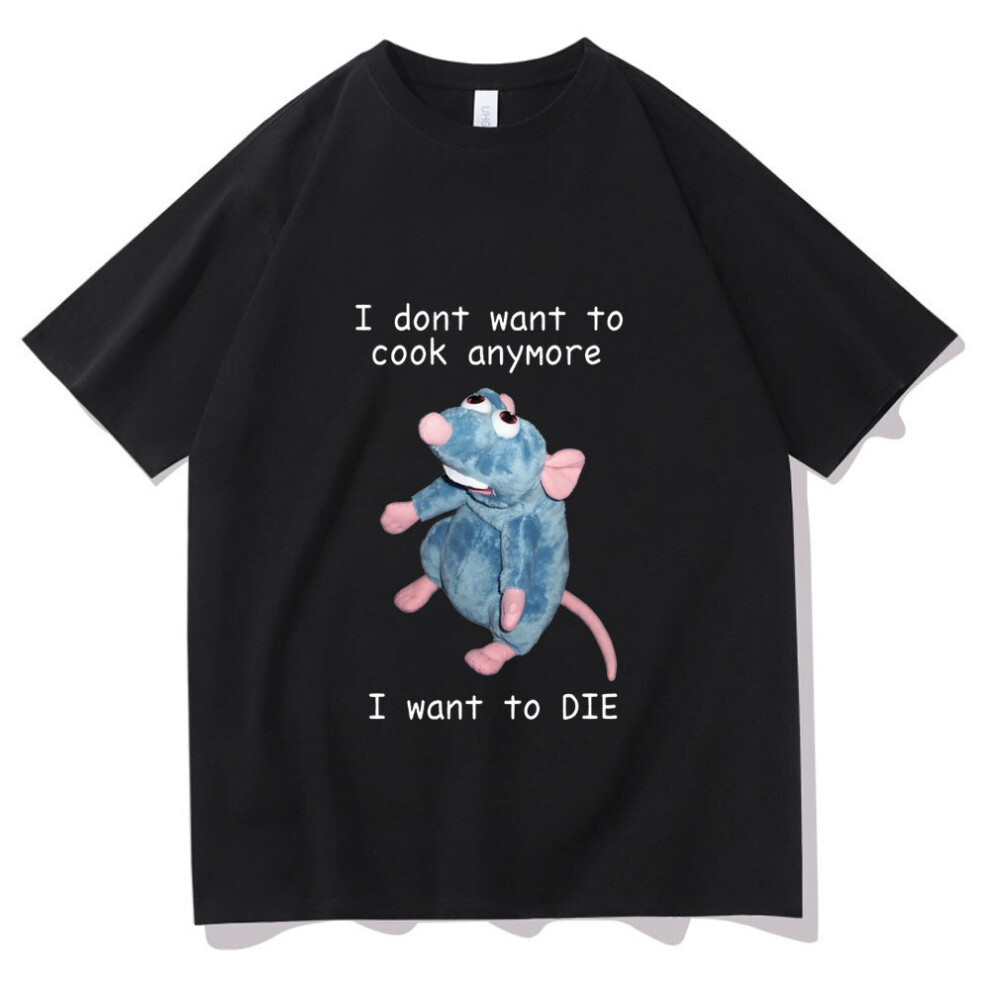 (Black, M) I Dont Want To Cook Anymore T Shirt Cute Mouse Short Sleeve Tee Cartoon  Summer