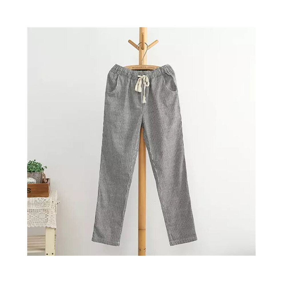 Cotton Linen Women Casual Pants Loose Long Pants Elastic Waist Straight Striped Trousers Pantalon-image-OPC-PBQMTTT-NEW
