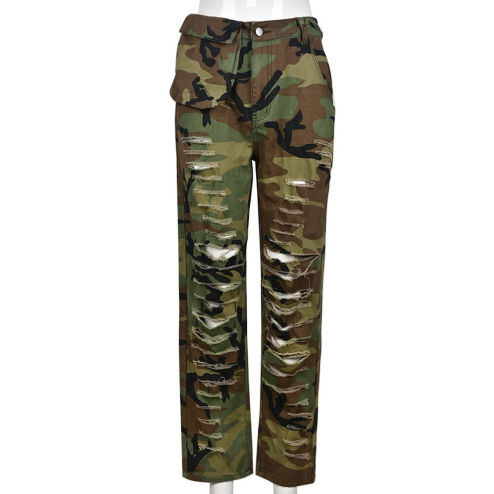 (Camouflage Beige-M) Joskaa Women High Waist Trousers Autumn Camouflage Hole Pocket Straight Leg Pants Female Bottoms Vintage Streetwear-image-OPC-PBQMTWN-NEW