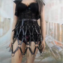 Sexy Hollow Waist Belt Caged Weave O-Ring PU Leather Skirt Harness Body Bondage Skirts Metal Chain Gothic Dress Female