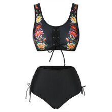 women's Bondage Tie Beside Short Print Spaghttie Srtap Floral Bikini Swimsuit High Waist Lace Up Tank Swimwear Set