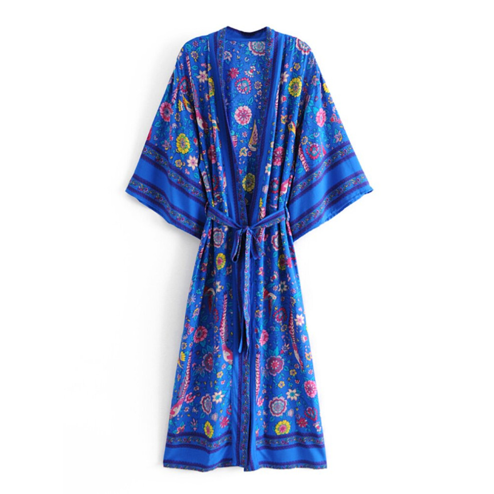 Peacock Floral Print Sashes Bohemian Kimono for Women V Neck Batwing Sleeves Beach Maxi Dress Boho Robe Cover-ups-image-OPC-PBQPSYW-NEW