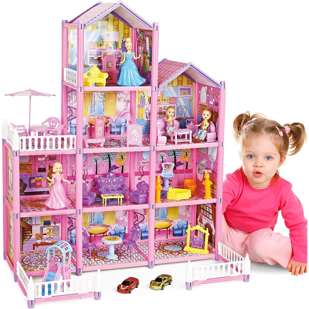 Princess My first Dolls House Kids Pink Grand Four Story Castle Dolls House Playset With Furniture Outdoor Space Open Sided For Girls on OnBuy