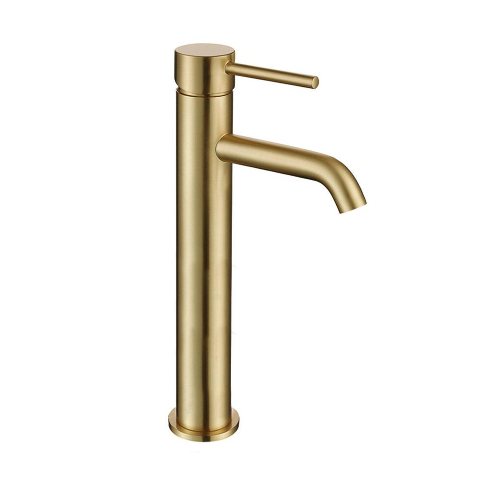 Modern Countertop Brushed Brass Tall Round Single Lever Basin Mono Mixer Tap