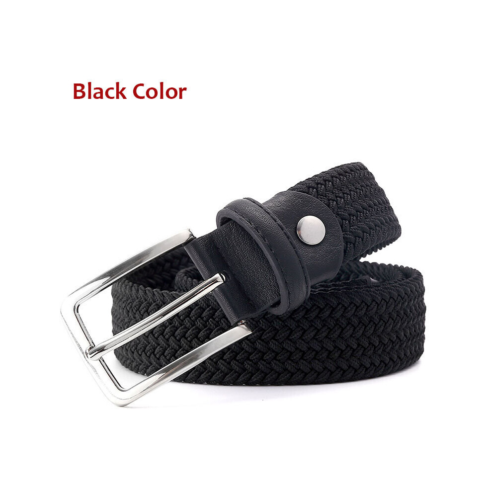 (Black-140cm) Men Elastic Belt Waistband Braided Style With Silver Buckle Stretch Belt Beige Grey Navy-image-OPC-PBQSDJW-NEW