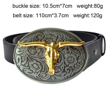 (16 012P110 White-100cm) Cheapify Oval Cowboys Animal Golden Bull's Head Man Belt Buckle With Belt 40mm