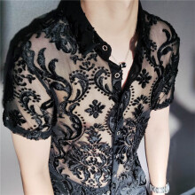 Transparent Floral Shirt Masculine Soft Velvet Slim-fit Men's Clothing Nightclub Short-sleeved Sexy Shirt See Through