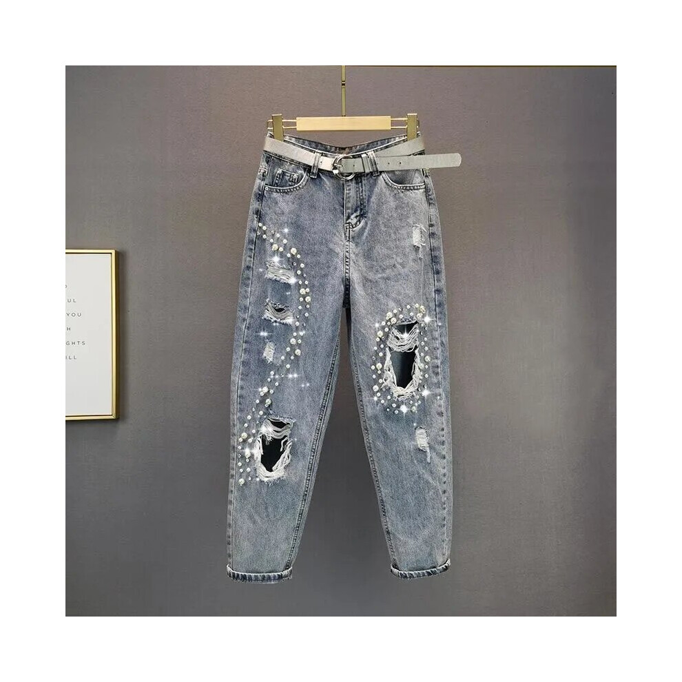 (Light blue Black-M) Women's Jeans Ripped Jeans Loose High Waist Jeans Beads Rhinestones Harem Pants Female Street Holes Denim Trousers-image-OPC-PBR5B28-NEW
