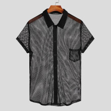 Men Mesh Shirt Solid Transparent Lapel Short Sleeve Camisa Masculina Button Sexy Casual Shirts S-5XL