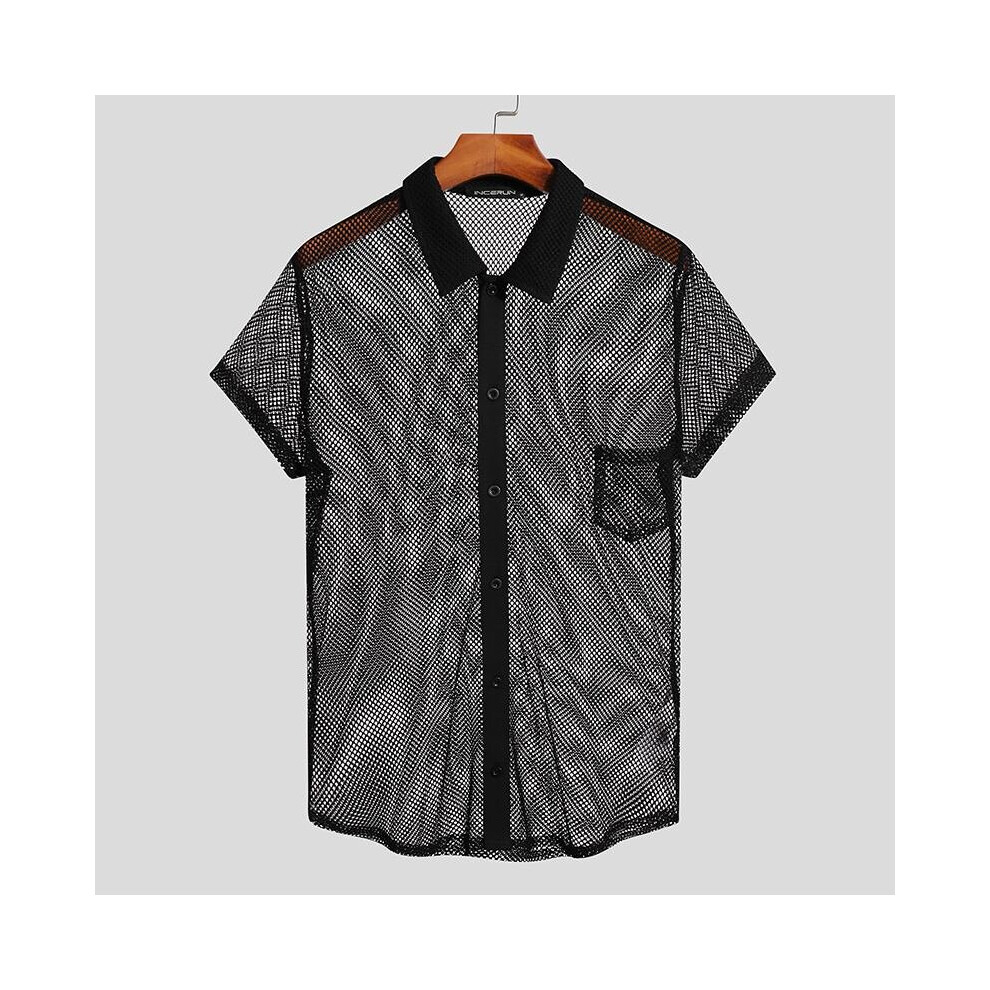 Men Mesh Shirt Solid Transparent Lapel Short Sleeve Camisa Masculina Button Sexy Casual Shirts S-5XL