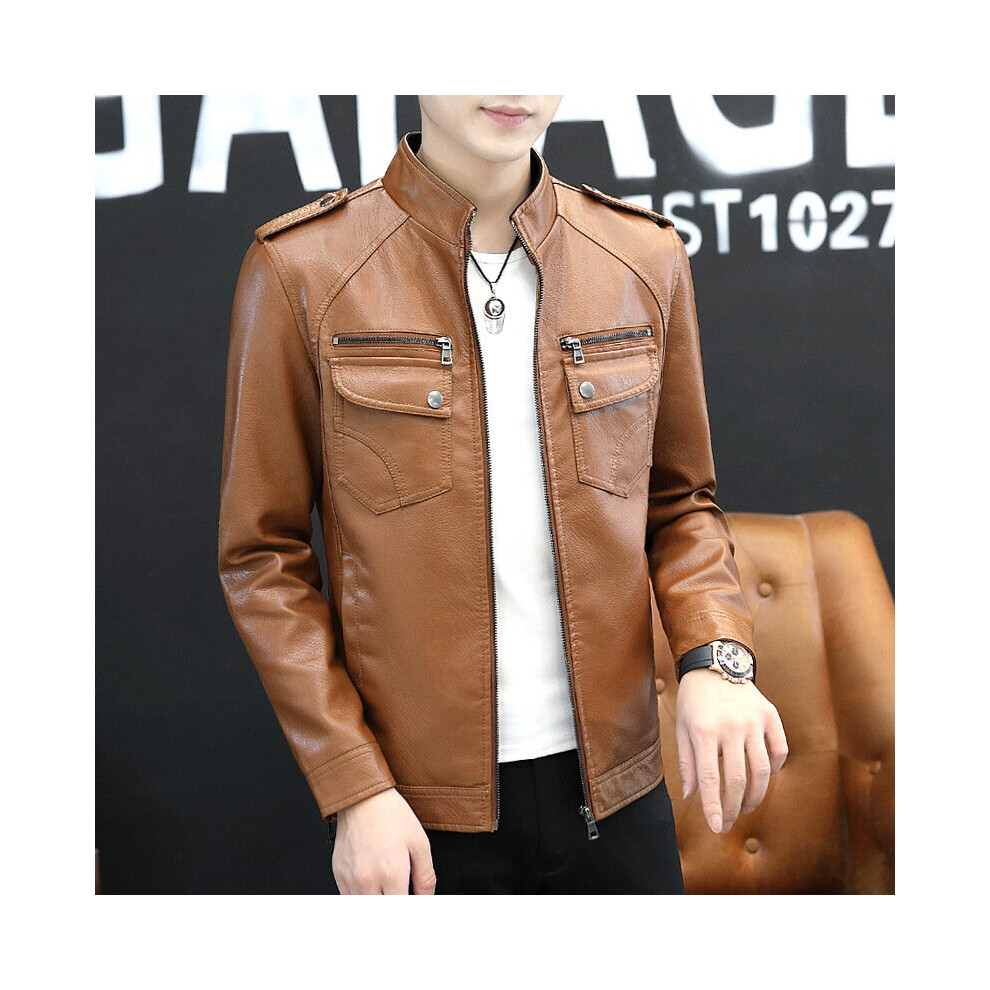 Men's Slim Fit Multi-Pocket Shoulder Strap Leather Youth Handsome Casual Stand Collar Motorcycle Pu Leather Multicoloured 885658537944