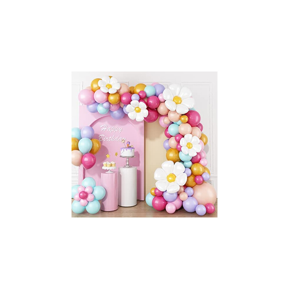 Pastel Balloon Arch Kit, Daisy Balloon Arch Garland with Macaron Pink Blue Purple Yellow Orange Rainbow Latex Balloons Daisy Flower Foil Balloons for