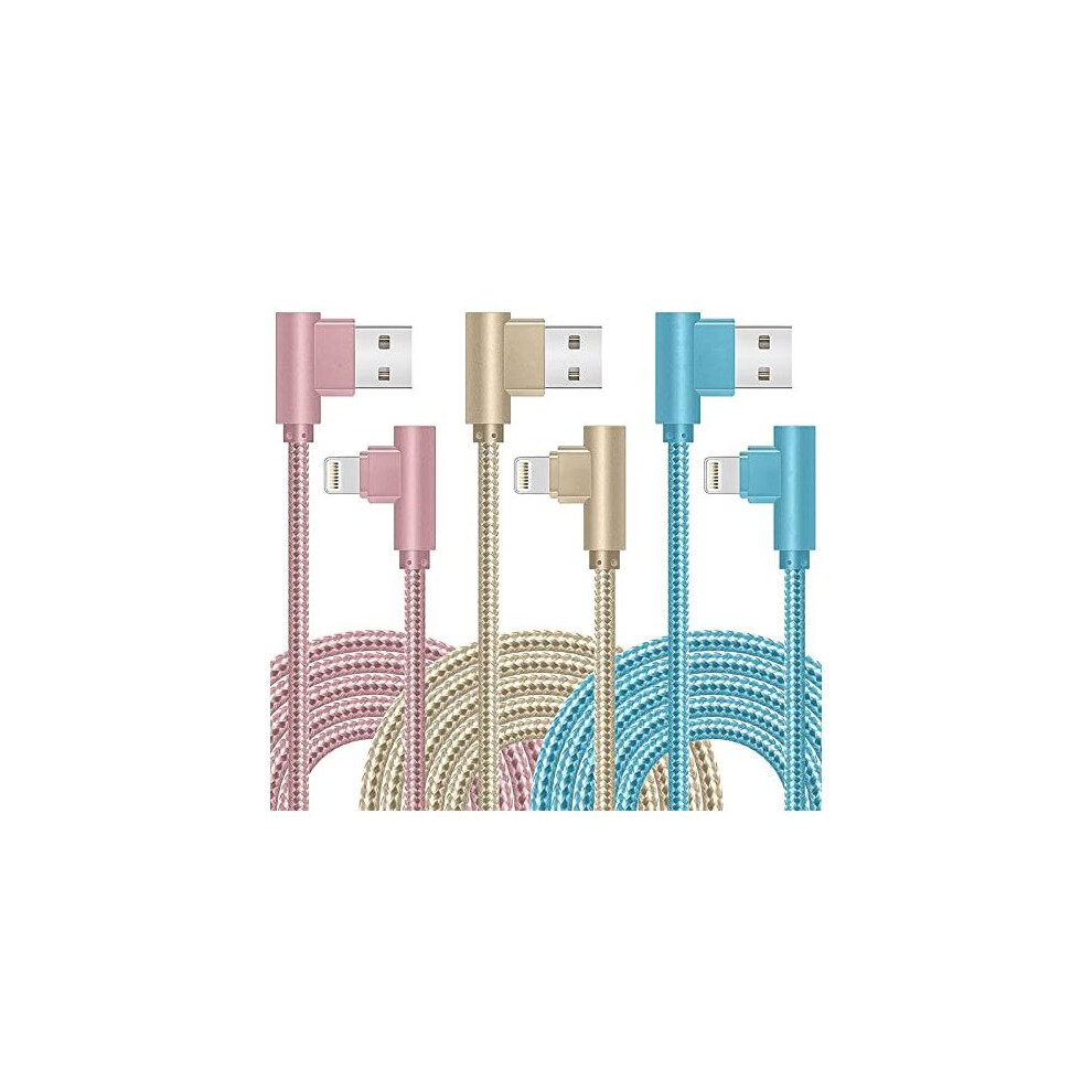 iPhone Charger Cable 3M 3Pack Right Angle 90 Degree iPhone Charging Cables Lightning Cable 3 Color Nylon Braided Fast iPhone Lead Compatible with