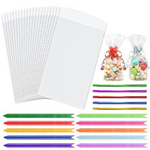 Cellophane Bags,100pcs (6 x 10 Inches) Clear Cellophane Bags with 100pcs Colorful Pull Bows & 100pcs Colorful Ties,Flat Bottom Sweets Clear Bags for