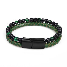 (Hot Stamping, 18.5cm) MingAo Green Stone Beads Men Bracelet Multilayer Leather Bracelet Punk Jewelry Stainless Steel Magnetic Clasp Bangles