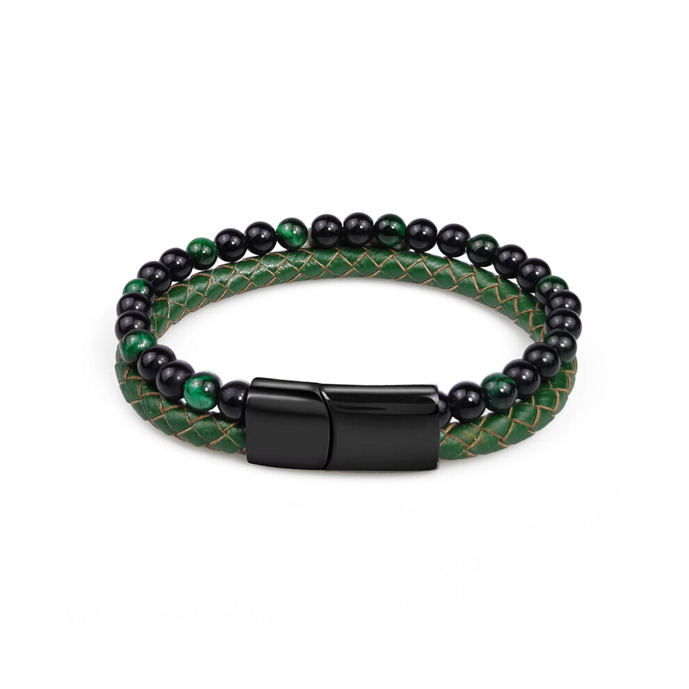 (Hot Stamping, 18.5Cm) Mingao Green Stone Beads Men Bracelet Multilayer Leather Bracelet Punk Jewelry Stainless Steel Magnetic Clasp Bangles Multicoloured