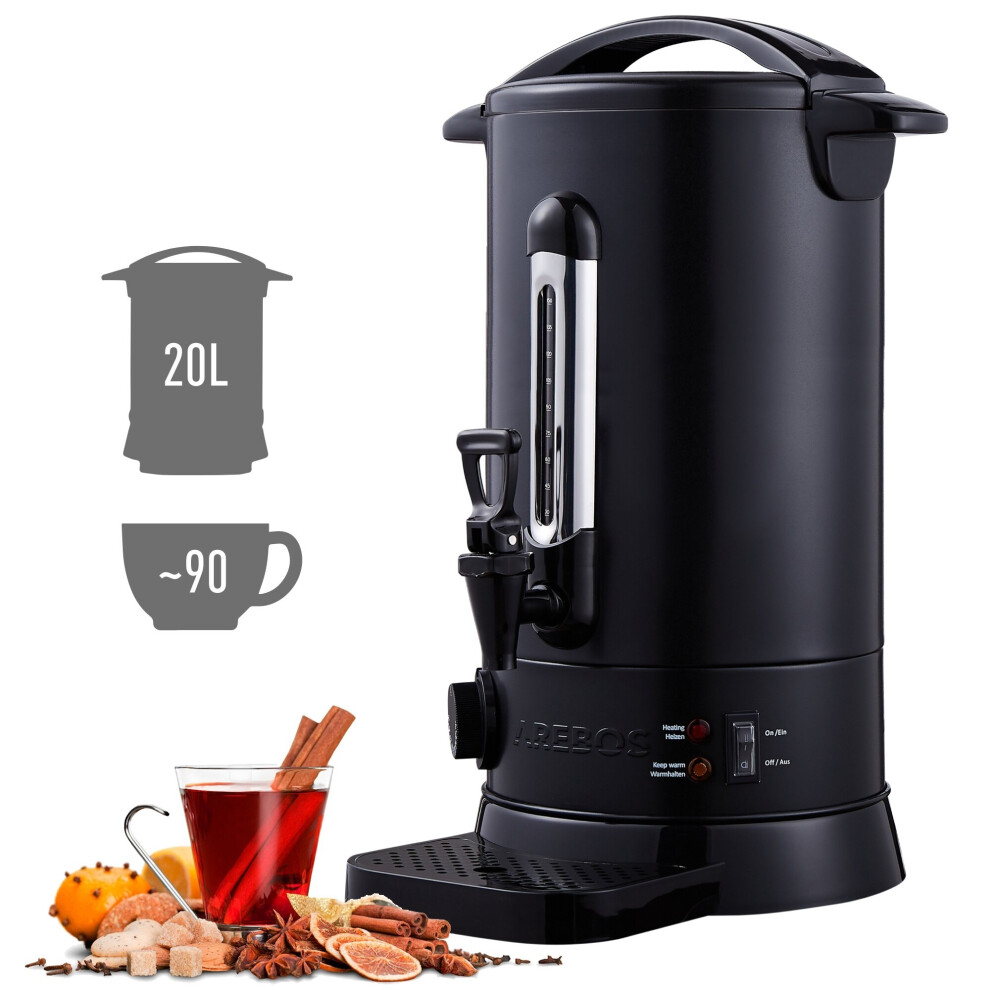 AREBOS Catering Urn | Mulled Wine Cooker 1650 W | Hot Drink Dispenser 20 L with Drip Tray | Outlet Tap | Thermostat and Overheating Protection | Black