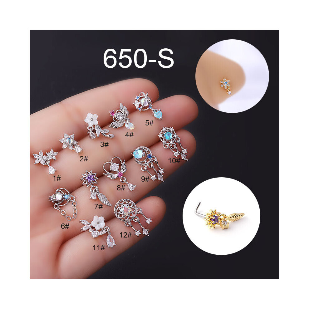 (Light Yellow Gold Color, Pink) 1Pcs 316L Surgical Stainless Steel CZ Dangle Nose Studs Colorful Indian Screw Nose Rings Nose Piercing Jewelry-image-OPC-PBRNQSP-NEW