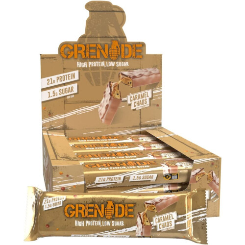 Grenade High Protein Low Sugar Bar - Caramel Chaos (12 x 60 g) | 21 g protein, 1.5 g sugar | Informed Sport