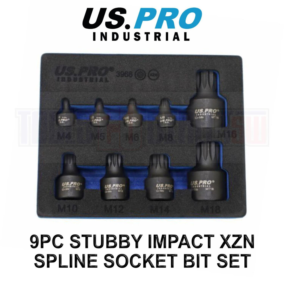 Us Pro Industrial 9Pc Stubby Impact Xzn Spline Bit Socket Set M4 - M18 3968 5060848156623