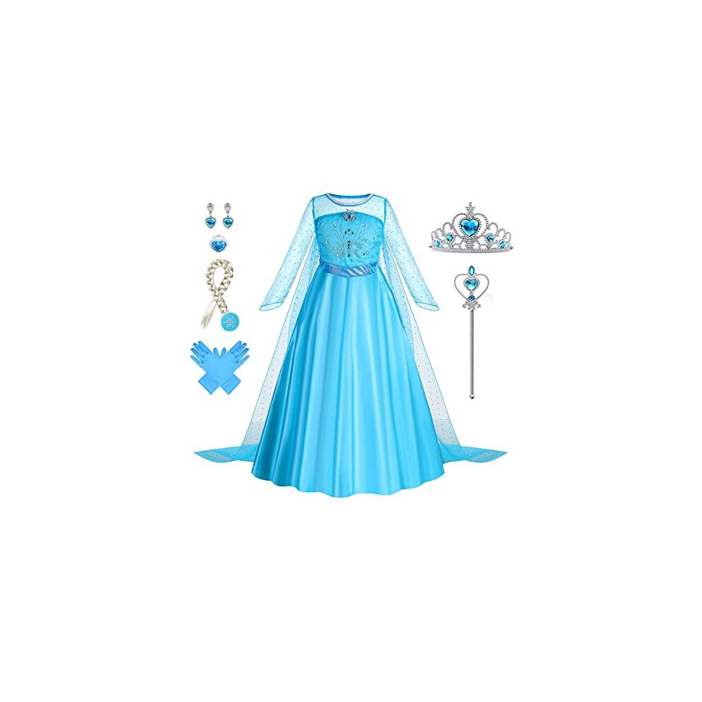 Elsa Dress, Elsa Costume with Elsa Dress Up Accessories Set, Princess Dress Up for Girls, Fancy Dress for Halloween, Cosplay, Wedding Party