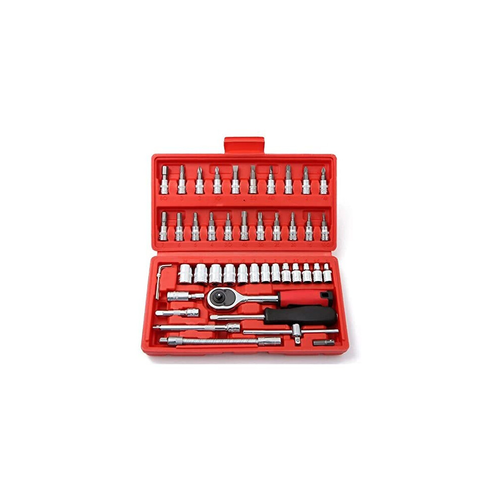 46 Pieces Mechanic Tool Kit 1/4” Dr. Ratchet Socket Wrench Set with Storage Case, Includes Bit Sockets and Extension Bar