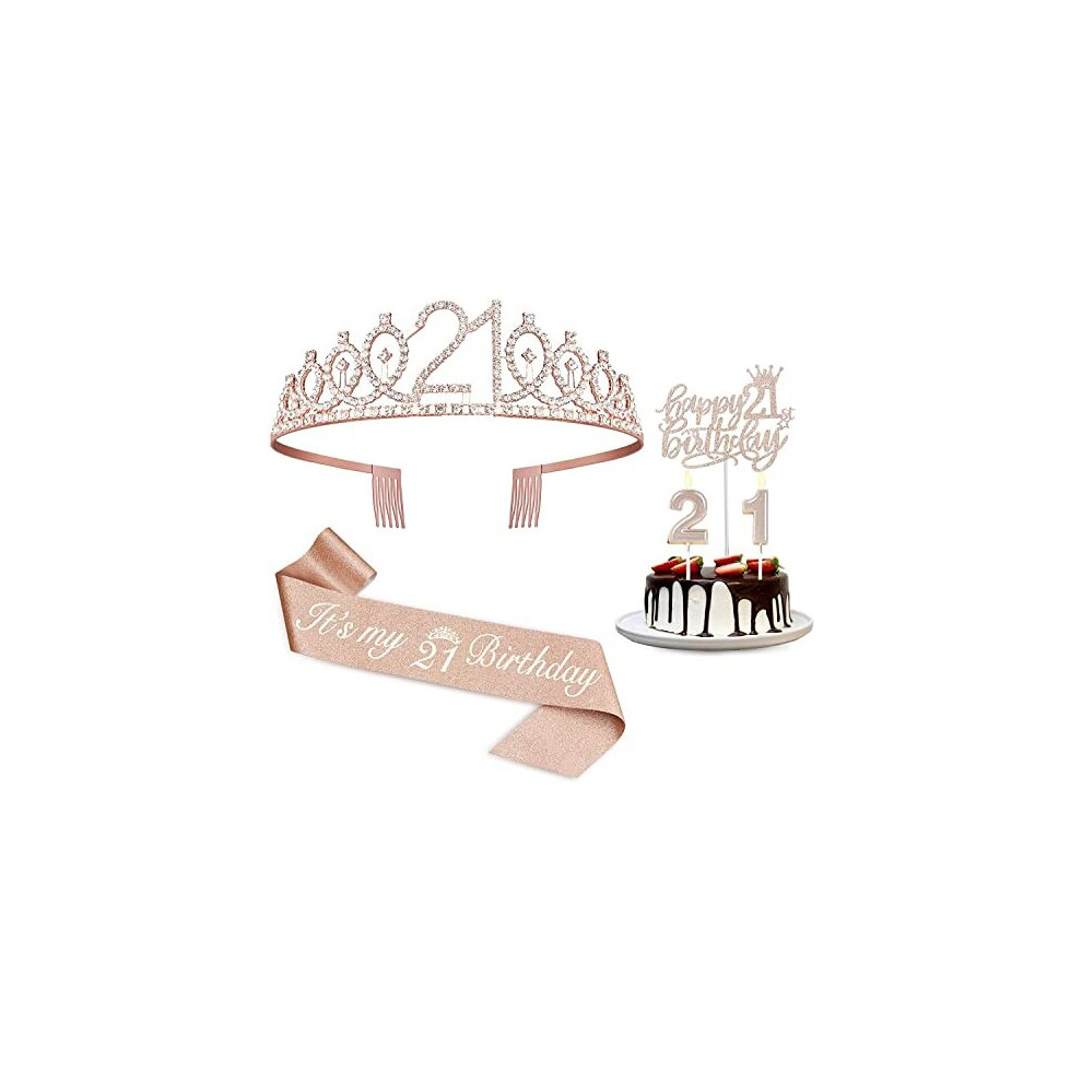 21st Birthday Decorations for Her, Including 21st Birthday Sash, Cake Topper,Crown,Candles, 21st Birthday Gifts for Her,21st Birthday Decorations for