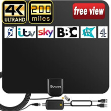 TV Aerial, Boyoye 2023 Newest Indoor TV Aerial Long 200+ Miles Range - Support 4K 1080p HD VHF UHF All TV's - Indoor Smart Amplifier Signal Booster -