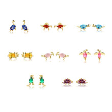 925 Sterling Silver 8 pair/Set Small Dinosaur Series Stud Earrings for Women Colorful Zircon Animal Earrings Set