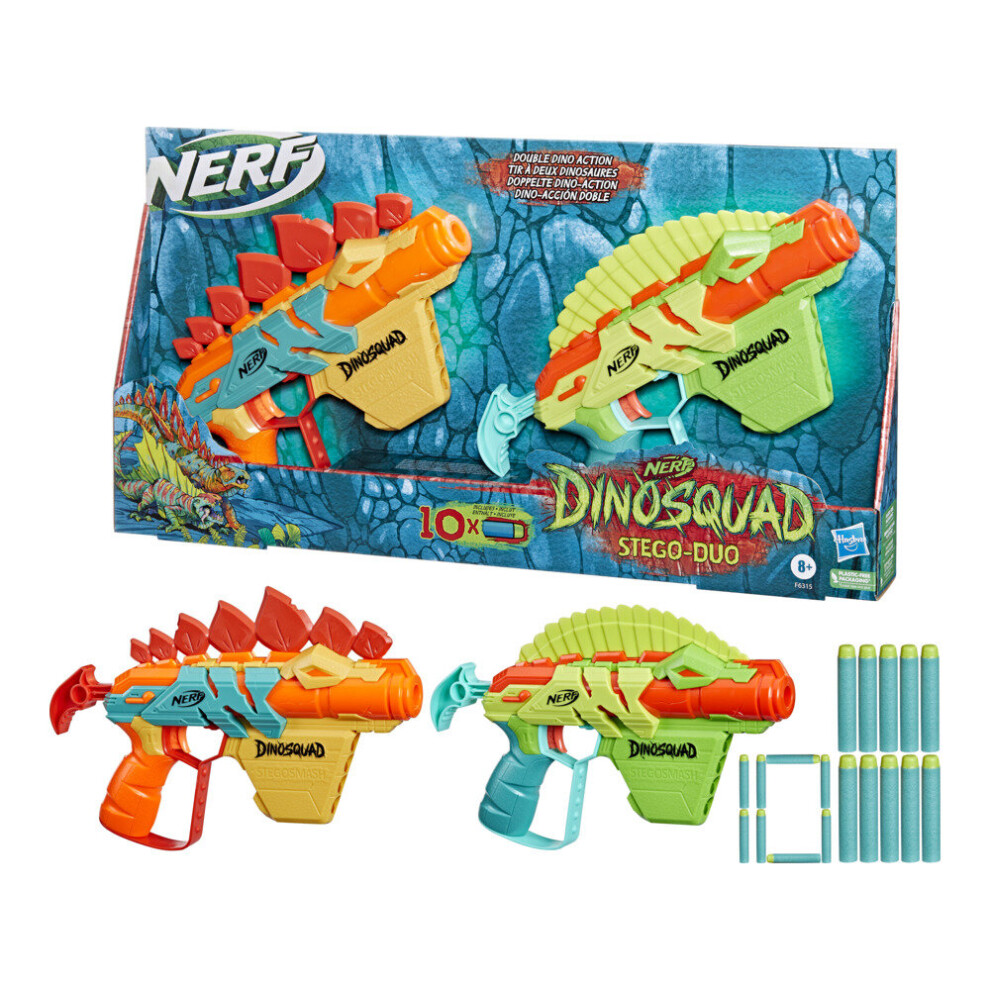 Nerf Dinosquad Stego-Duo, 2 Toy Foam Blasters, 10 Elite 2.0 Darts