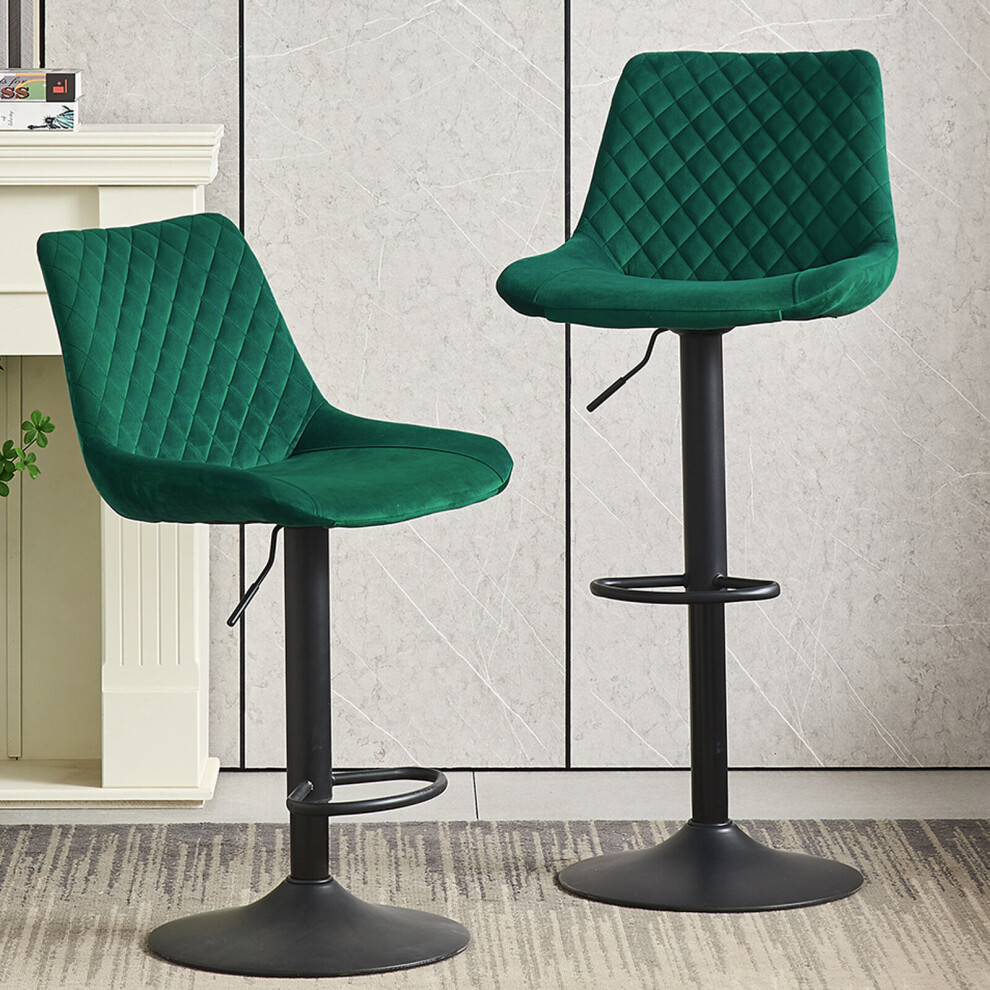 (Green) 2pcs Velvet Bar Stools Swivel Gas Lift Rest Chair