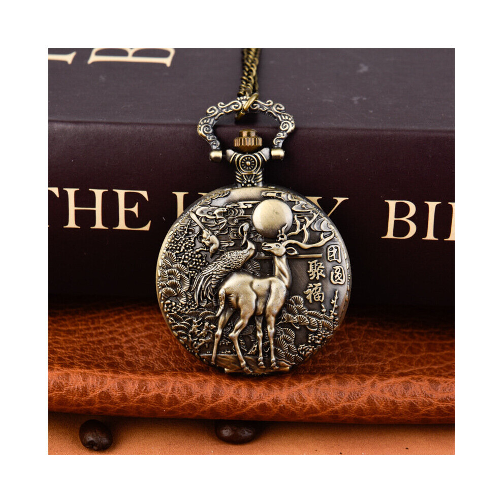 Vintage Bronze Carving Quartz Pocket Watch for Men Engraved Deer Front Case Fob Chain Clock for Collection Gift Analog Display-image-OPC-PBTJP9K-NEW