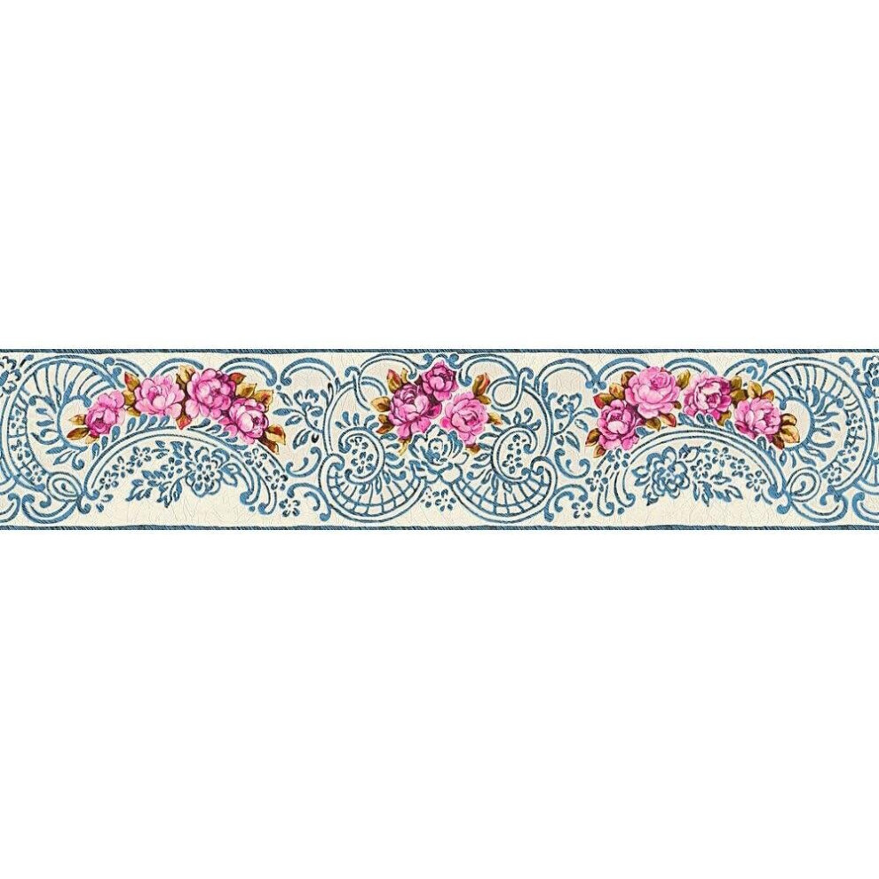 AS Creation Wolfgang Joop White Blue Rose Swirl Wallpaper Border Floral Textured