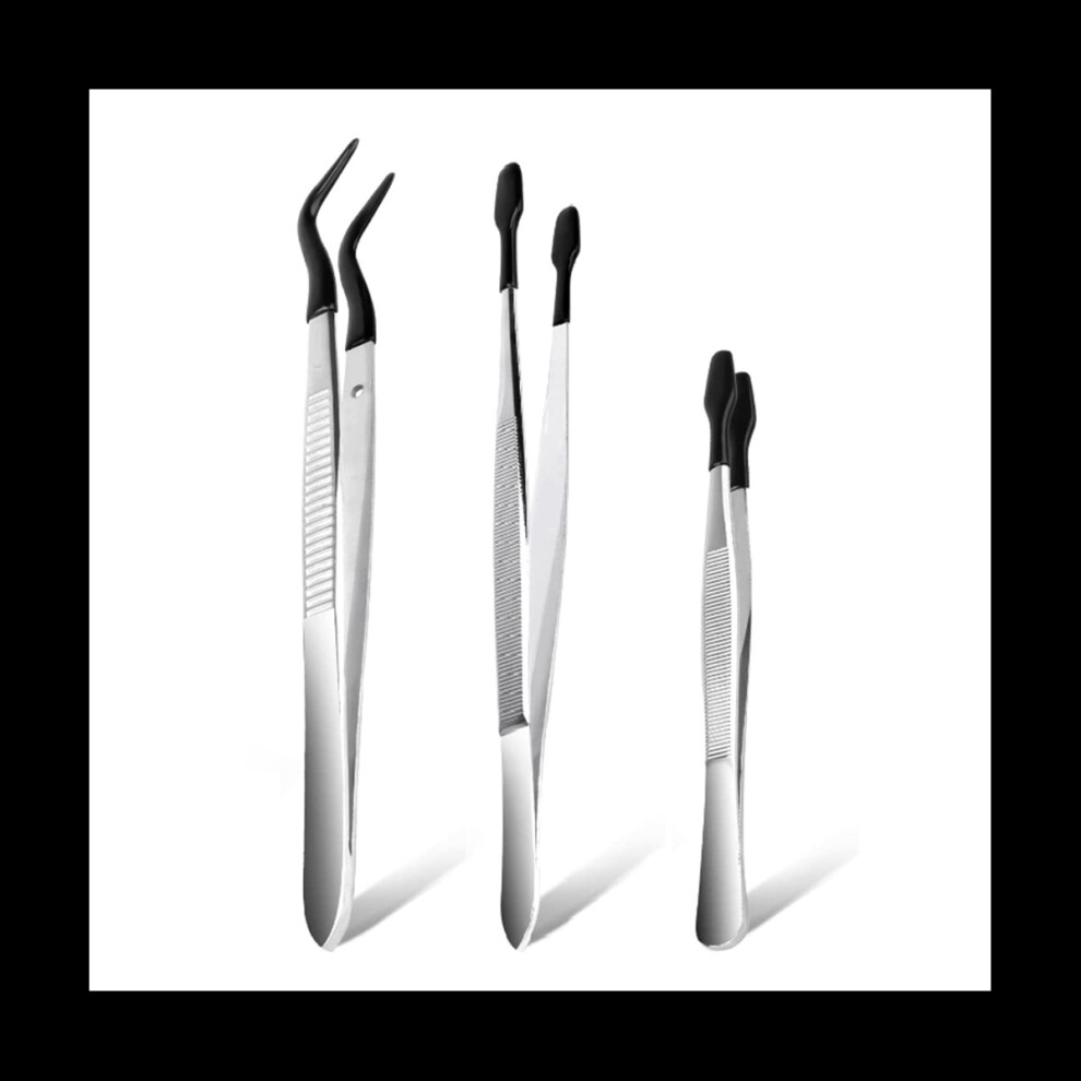 Tlily 3 Pcs Tip Tweezers With Rubber, Non-Marring Silicone Tipped Tweezers Rubber Bent Tip Flat Tweezers, Lab Tweezers