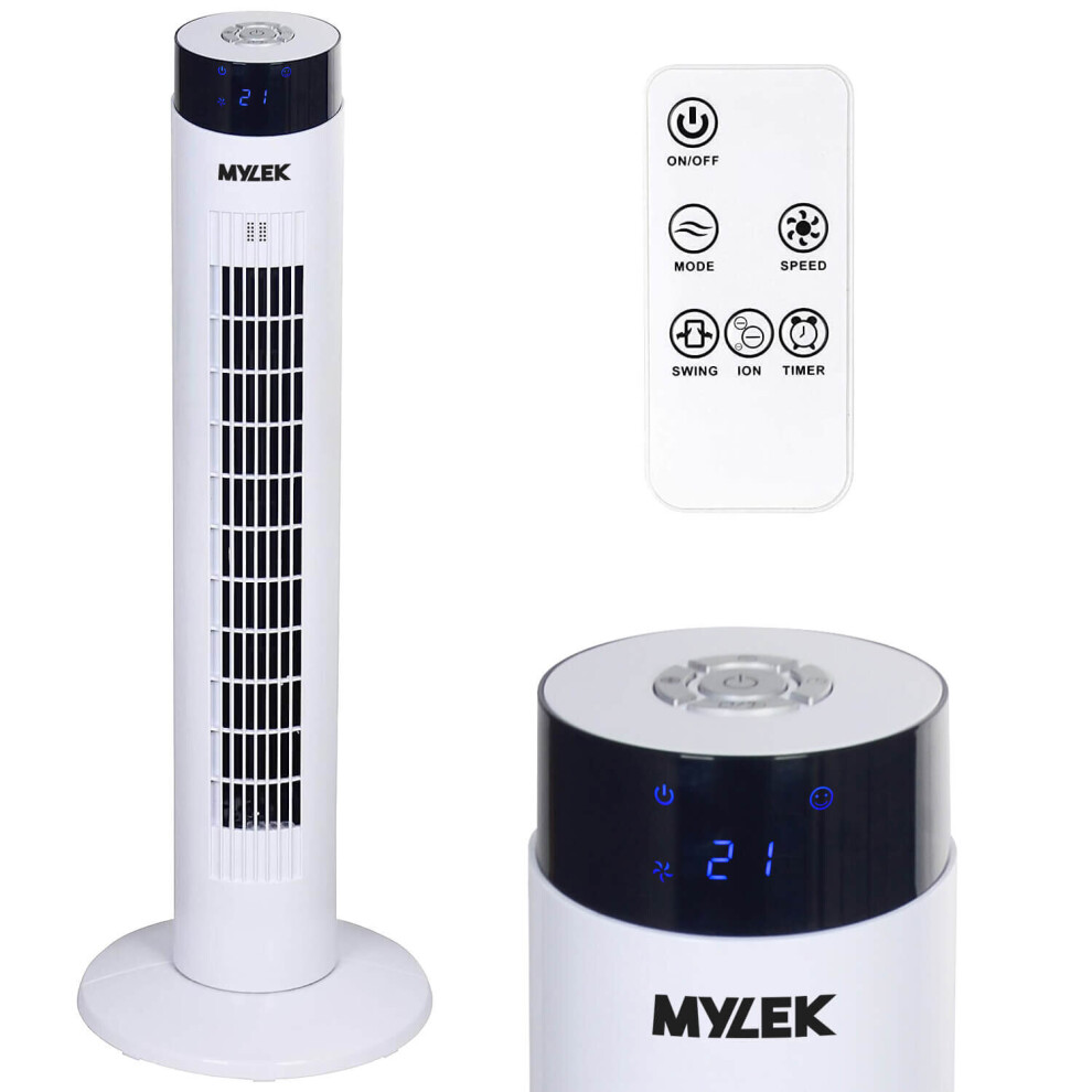 (White) 34" Tower Fan Remote, Ioniser, 3 Speed Settings