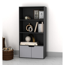(Black, Grey) 4 Tier Wooden Bookcase with Doors Shelving Cabinet